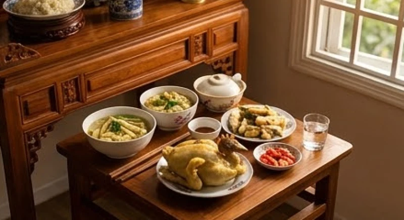 Văn khấn Tết Hạ Nguyên: Bài cúng chuẩn & trình tự tạ lễ 5 Mâm cỗ mặn truyền thống cúng gia tiên với gà luộc và canh măng miến