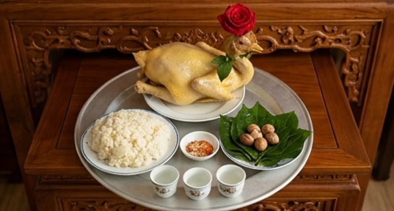 Mâm cỗ mặn truyền thống với gà luộc, xôi trắng, trầu cau và rượu trắng được dâng lên bàn thờ gia tiên sau khi bao sái