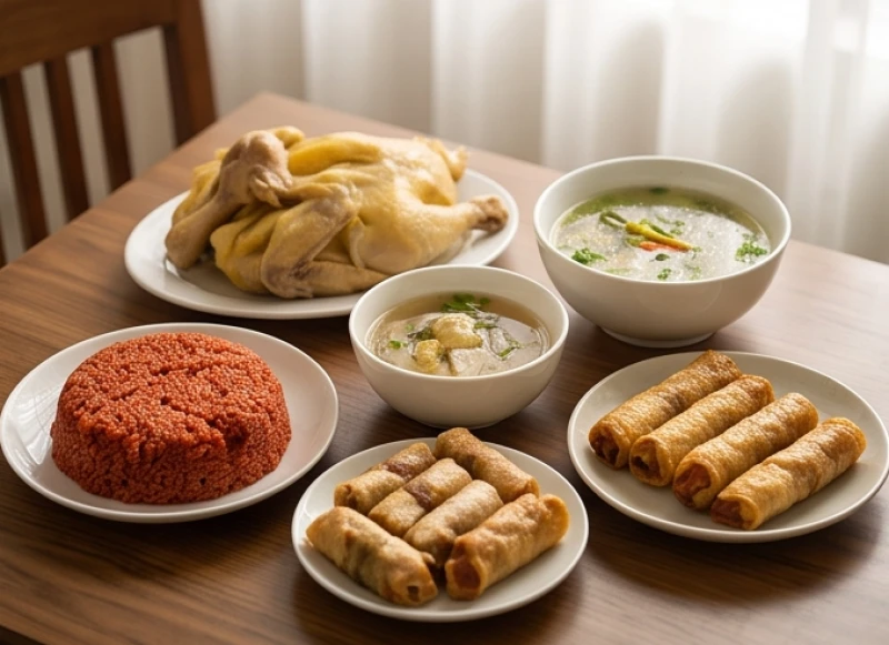 Mâm cỗ mặn truyền thống gồm xôi gấc, gà luộc, nem rán và canh bóng được trình bày đẹp mắt trên bàn