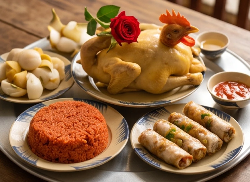 Văn khấn ngày giỗ ông bà: Quy tắc xưng hô và mâm cỗ 3 miền 4 Mâm cỗ mặn đặc trưng miền Bắc với gà luộc ngậm hoa hồng, giò lụa và đĩa xôi gấc đỏ au