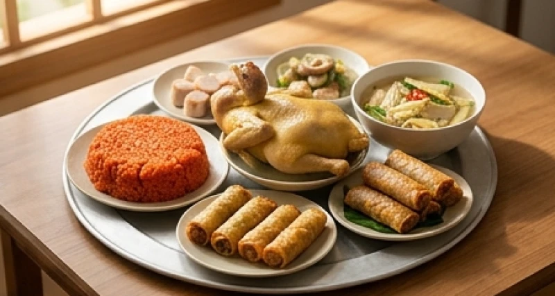 Mâm cúng mặn truyền thống miền Bắc gồm xôi gấc, gà trống luộc, nem rán và canh măng khô dâng lên ban thờ