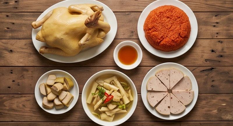 Mâm cỗ mặn thịnh soạn với gà luộc, xôi gấc và giò lụa được chuẩn bị chu đáo để dâng cúng