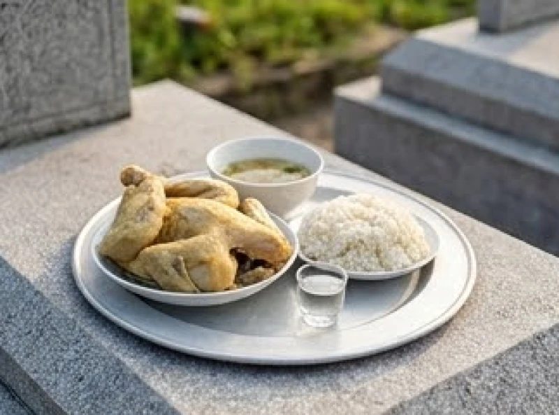 Văn khấn Thanh Minh tại nghĩa trang: Bài cúng Thần linh và Gia tiên 5 Mâm cỗ mặn với xôi và gà luộc được đặt gọn gàng trên phần mộ gia tiên dịp Thanh Minh