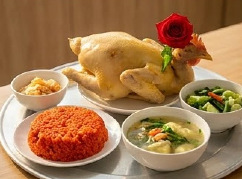 Gà luộc nguyên con ngậm hoa hồng và xôi gấc đỏ trên mâm cỗ mặn rước Táo quân