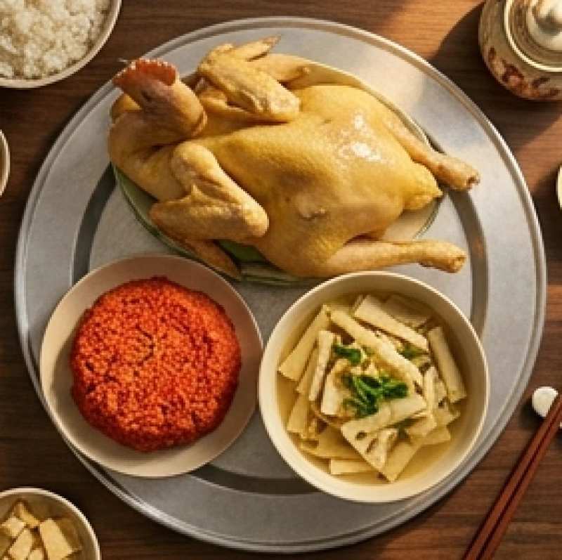 Mâm cỗ mặn tươm tất gồm gà luộc chéo cánh, xôi gấc và canh măng miến dâng cúng tổ tiên