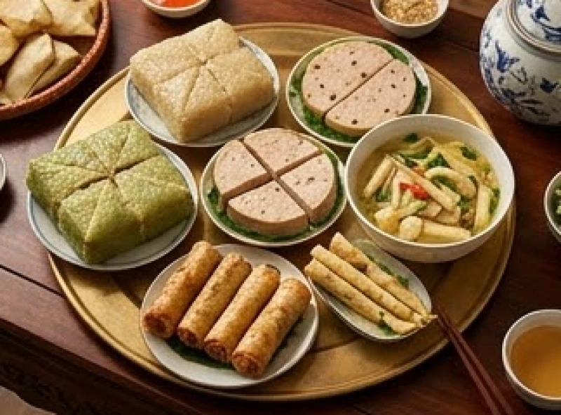 Mâm cúng Tất niên trong nhà đầy đủ bánh chưng, giò lụa, nem rán và canh măng