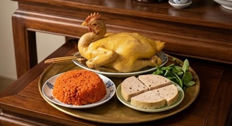 Mâm cỗ mặn truyền thống với gà luộc chéo cánh, đĩa xôi gấc đỏ tươi và giò lụa được đặt trang trọng