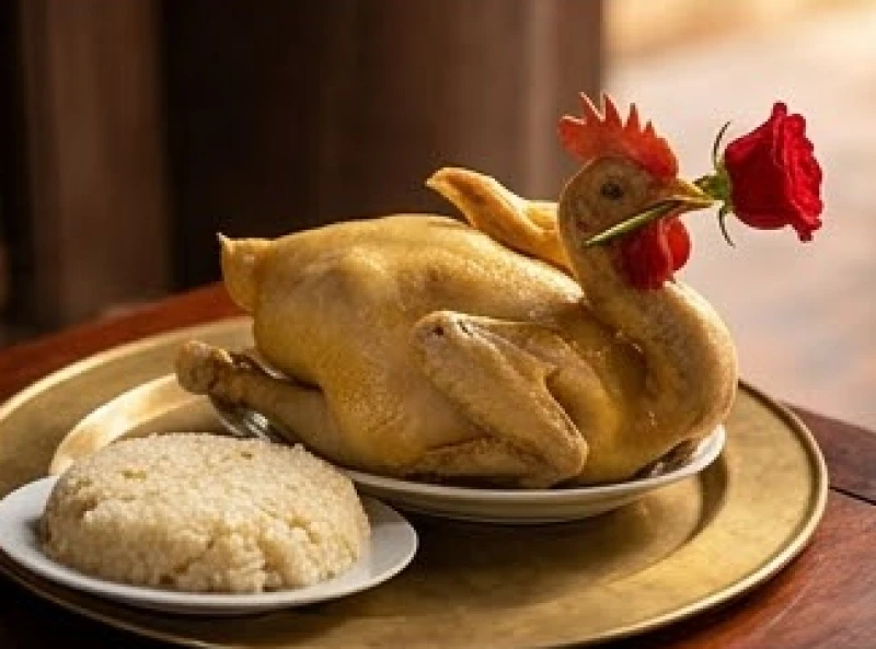Mâm cỗ mặn dâng ban Công Đồng với gà trống luộc chéo cánh ngậm hoa hồng và đĩa xôi nếp dẻo thơm