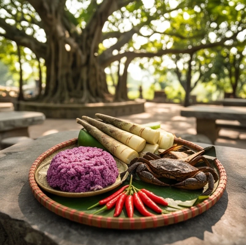 Mâm cỗ sơn trang với xôi nếp cẩm, măng đắng, cua đồng và ớt tươi đặt dưới gốc đa cổ thụ