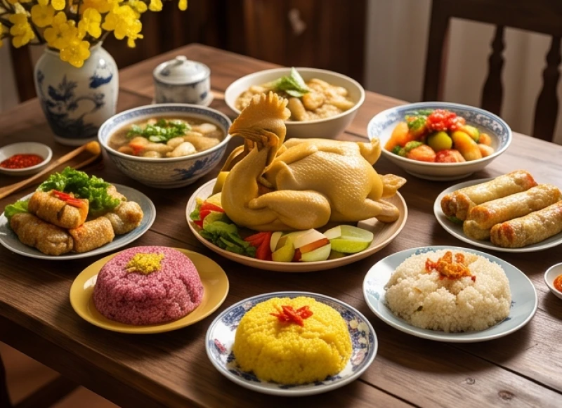 Mâm cỗ Tết truyền thống được chuẩn bị tươm tất với các món ăn mang ý nghĩa may mắn