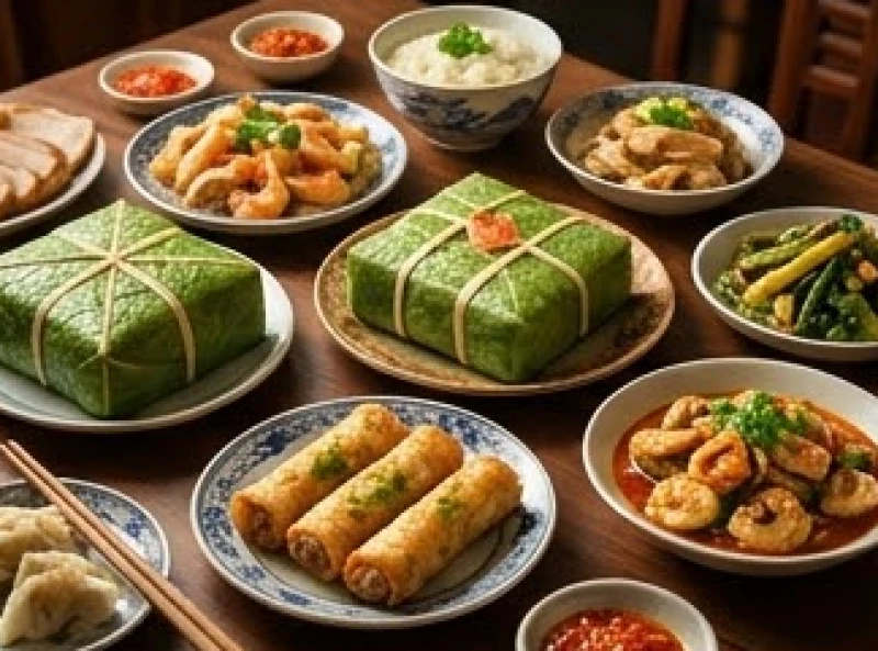 Mâm cỗ ngày Tết đầy đủ bánh chưng, nem rán và các món ăn truyền thống dâng tổ tiên