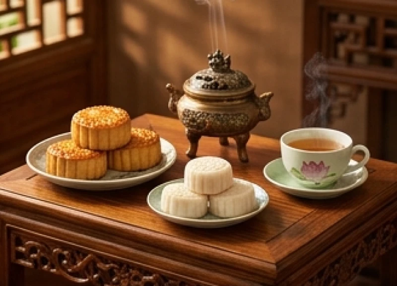 Văn khấn gia tiên Tết Trung Thu chuẩn và cách bày mâm lễ 1 Mâm cỗ Trung Thu truyền thống gồm bánh nướng, bánh dẻo và chén trà sen đặt trước lư hương