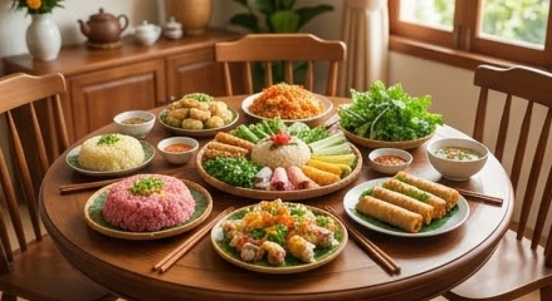 Mâm cỗ truyền thống Việt Nam được bày trí đẹp mắt với nhiều món ăn mang ý nghĩa tài lộc và bình an