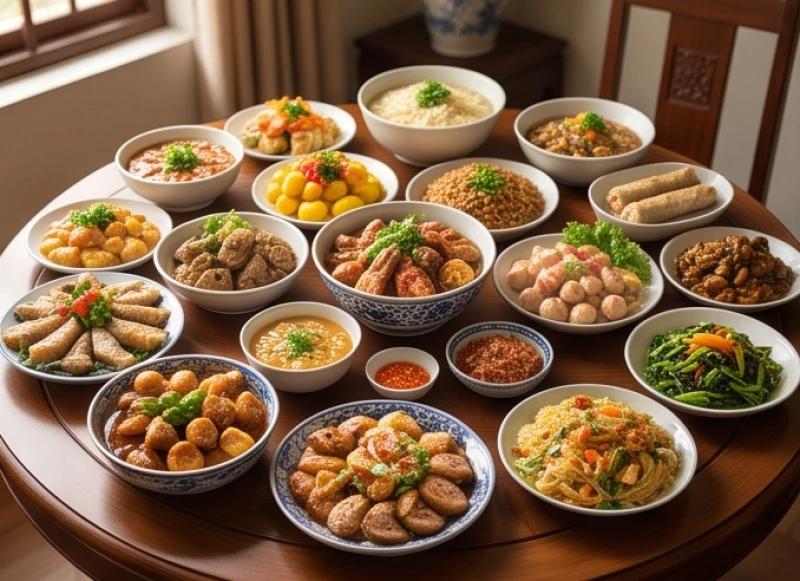 Mâm cỗ Việt Nam truyền thống với nhiều món phong phú trên bàn gỗ, biểu tượng của sự sung túc và điềm lành