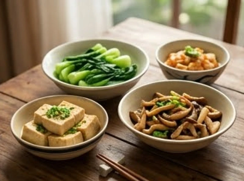 Nhật thực là điềm gì: Giải mã phong thủy, kiêng kỵ và giấc mơ 6 Bữa ăn chay thanh đạm với các món rau củ quả luộc và nấm xào trên bàn gỗ