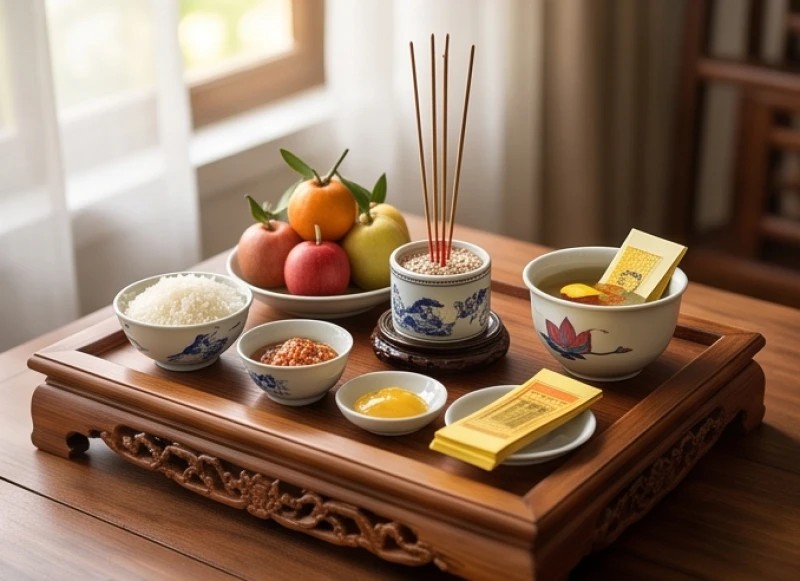 Mâm cơm giản dị dâng lên bàn thờ gia tiên để hóa giải xung khắc khi cưới người đại kỵ tuổi