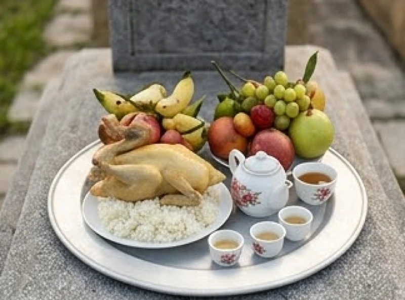 Văn khấn ngoài mộ trước ngày giỗ: Trình tự và bài cúng chuẩn 6 Mâm lễ mặn tươm tất gồm xôi trắng và gà luộc được đặt cung kính ngay trước phần mộ của người thân