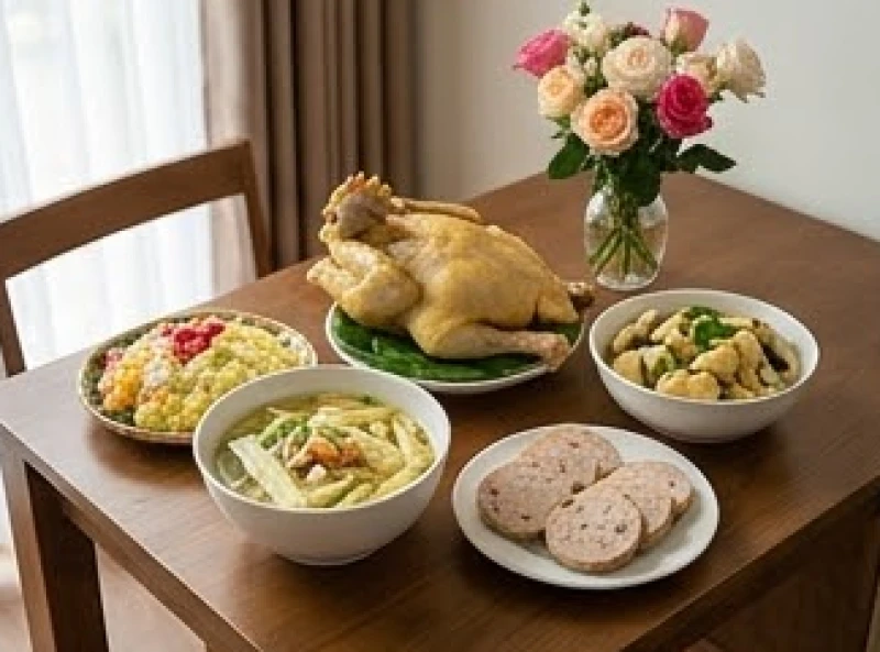 Mâm cơm mặn tươm tất được bày biện thanh tịnh để cúng vọng Quốc Tổ tại nhà