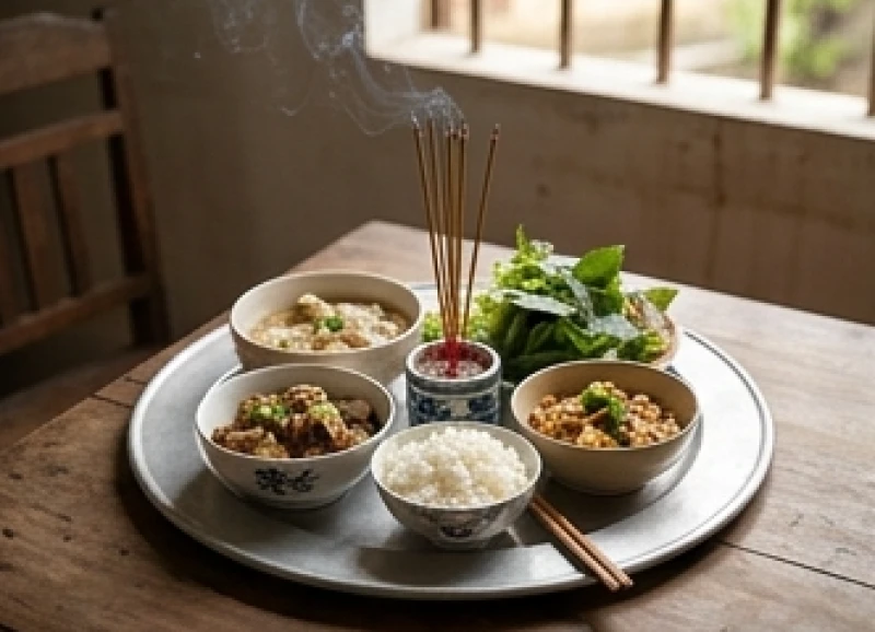 Mâm cúng ngày rằm truyền thống gọn gàng để tránh điềm báo xấu khi nấu cơm bị khê