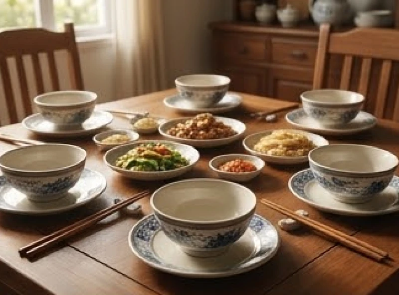 Mâm cơm gia đình truyền thống với các bộ bát đĩa gốm sứ được sắp xếp ngay ngắn