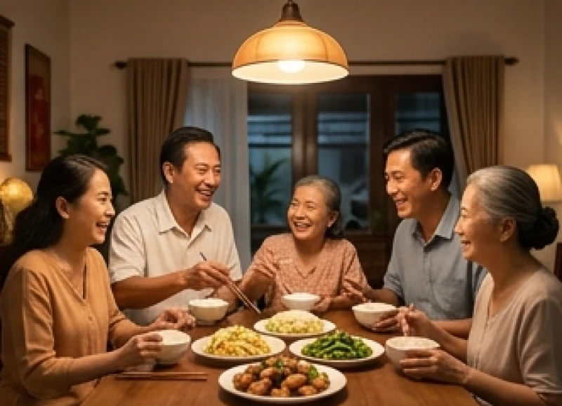 Gia đình ba thế hệ cùng nhau quây quần thưởng thức bữa cơm tối ấm cúng trong không gian truyền thống.