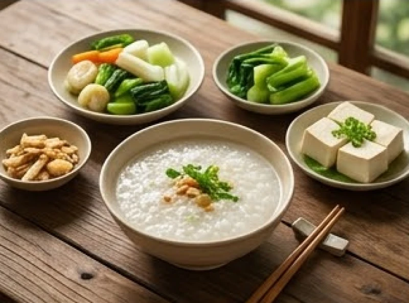 Bữa ăn thanh đạm với cháo trắng, canh rau và đậu hũ luộc ấm nóng