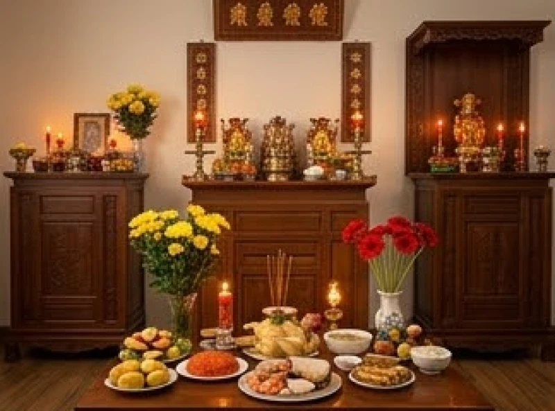 Không gian thờ cúng rằm tháng giêng trong nhà gồm ban Thần linh, Gia tiên và Thần Tài
