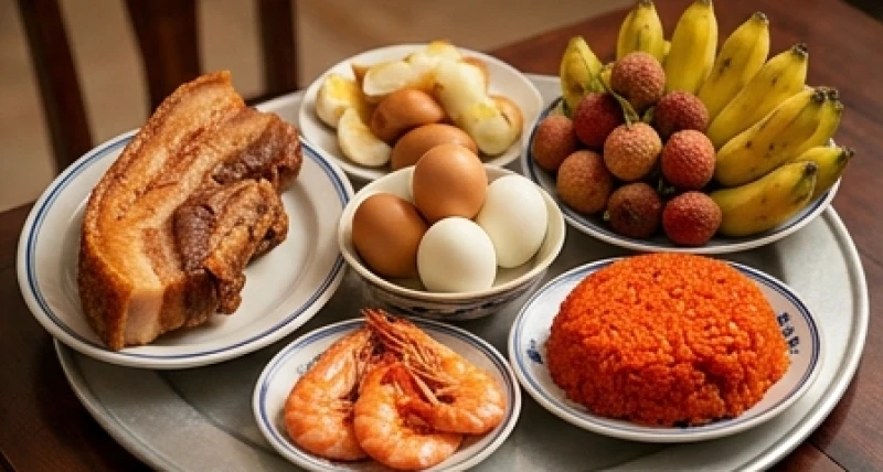 Mâm lễ mặn cúng Thần Tài gồm thịt heo quay, trứng luộc, tôm và đĩa xôi gấc đỏ tươi rực rỡ