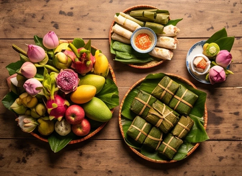 Các mâm lễ chay và lễ mặn được chuẩn bị chu đáo để dâng lên ban Công Đồng và các ban thờ Thánh Mẫu
