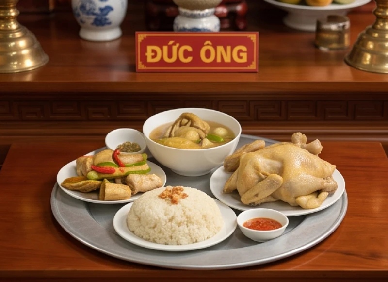 Mâm cúng xôi thịt mặn được sắp xếp tươm tất dành riêng cho ban Đức Ông tại khuôn viên cảnh chùa