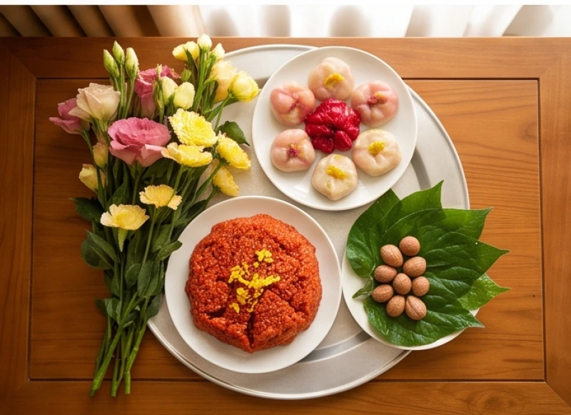 Các lễ vật chay tịnh như xôi gấc chè trôi nước được chuẩn bị kỹ lưỡng để dâng lên ban chính Thánh Mẫu