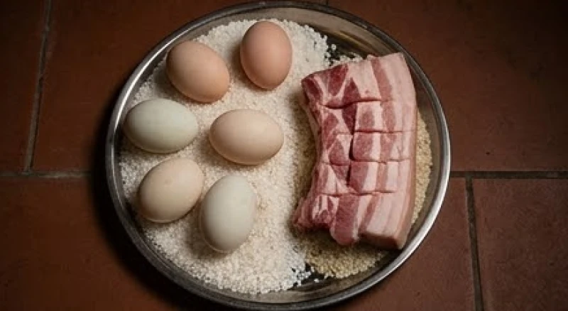 Văn khấn miếu thần linh: Trình tự dâng lễ và bài cúng chuẩn 3 Mâm lễ đồ sống dâng quan Ngũ Hổ gồm đĩa muối gạo, trứng vịt sống và miếng thịt heo khía năm phần