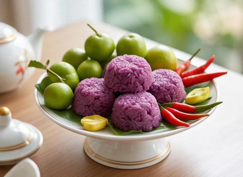 Mâm lễ ban Sơn Trang nhỏ gọn với xôi nếp cẩm và ớt đỏ tươi xếp xen kẽ trên đĩa sứ
