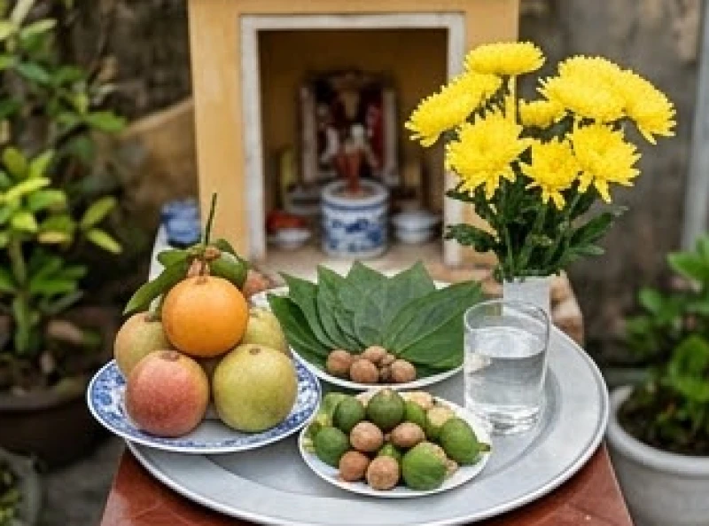 Văn khấn ngoài mộ trước ngày giỗ: Trình tự và bài cúng chuẩn 5 Đĩa ngũ quả tròn đầy cùng trầu cau và hoa tươi được dâng lên miếu Thổ thần cai quản nghĩa trang