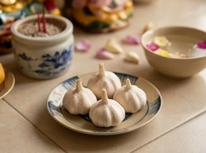 Đĩa tỏi tươi và chén nước tụ thủy đặt ngay ngắn trên ban thờ Thần Tài Thổ Địa