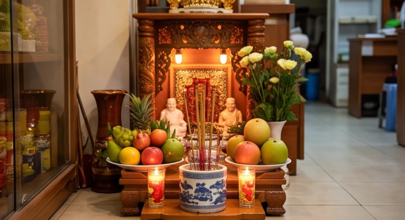 Văn khấn giao thừa tại cửa hàng: Bài cúng chuẩn & sơ đồ đặt mâm 1 Mâm cúng giao thừa đặt tại ban Thần Tài Thổ Địa bên trong cửa hàng để chiêu tài lộc