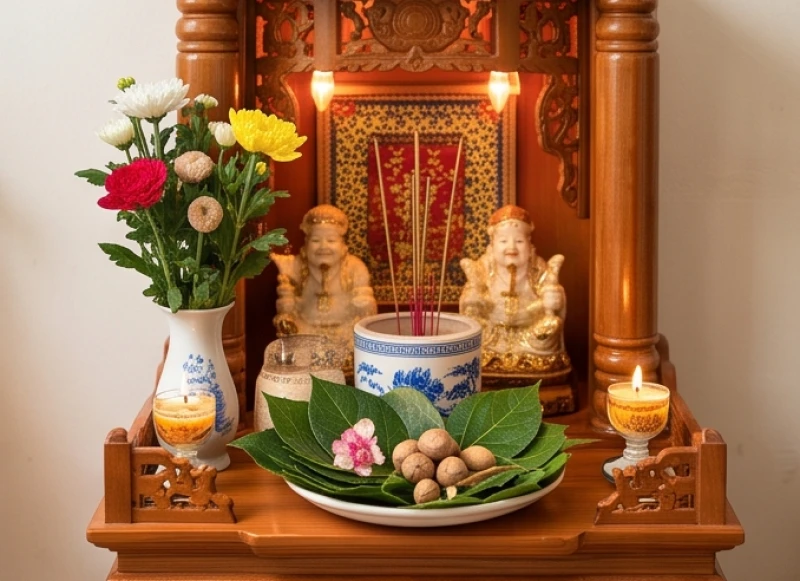 Khay lễ vật nhỏ gọn dâng lên ban Thần Tài bên trong cửa hàng