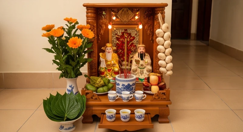 Mâm lễ dâng ban Thần Tài Thổ Công dịp tàn kỳ lễ Tết cầu mong tài lộc kinh doanh buôn bán