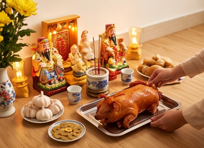 Lời tạ lễ sau khi cúng: Bài khấn chuẩn và trình tự hạ lễ 9 Ban thờ Thần Tài Thổ Địa rực rỡ ánh đèn với mâm cúng mặn được hạ xuống để chia lộc cho người trong nhà