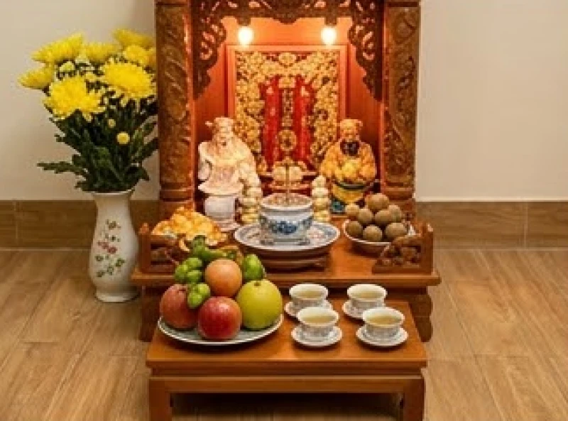 Văn khấn xin phép Thổ Công cho trẻ về nhà: Trình tự và bài cúng 5 Đĩa hoa quả nhỏ và nén hương được thắp sáng trước ban Thần Tài Thổ Địa đặt ở góc tầng trệt