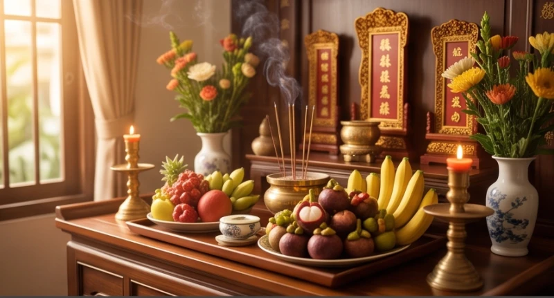 Thứ tự khấn thần linh và gia tiên: Quy trình chuẩn tránh phạm kỵ 1 Mâm lễ vật được sắp xếp gọn gàng trên bàn thờ gia đình để chuẩn bị cho quy trình khấn bái các vị thần linh