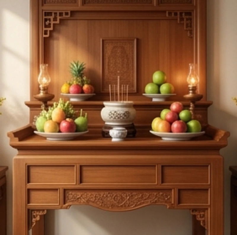Bàn thờ gia tiên được dọn dẹp sạch sẽ cùng mâm lễ vật dâng cúng trang nghiêm trước khi làm lễ