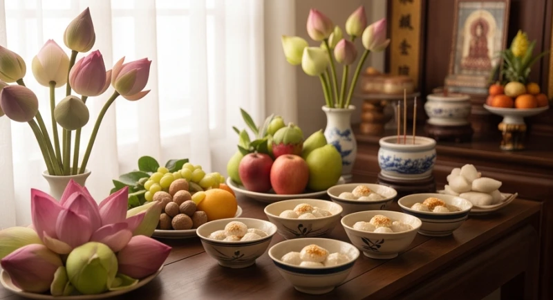 Văn khấn Tết Hàn Thực: Bài cúng chuẩn nghi lễ theo từng ban thờ 2 Mâm lễ cúng thuần chay thanh tịnh dâng lên bàn thờ Phật trong ngày Tết Hàn Thực