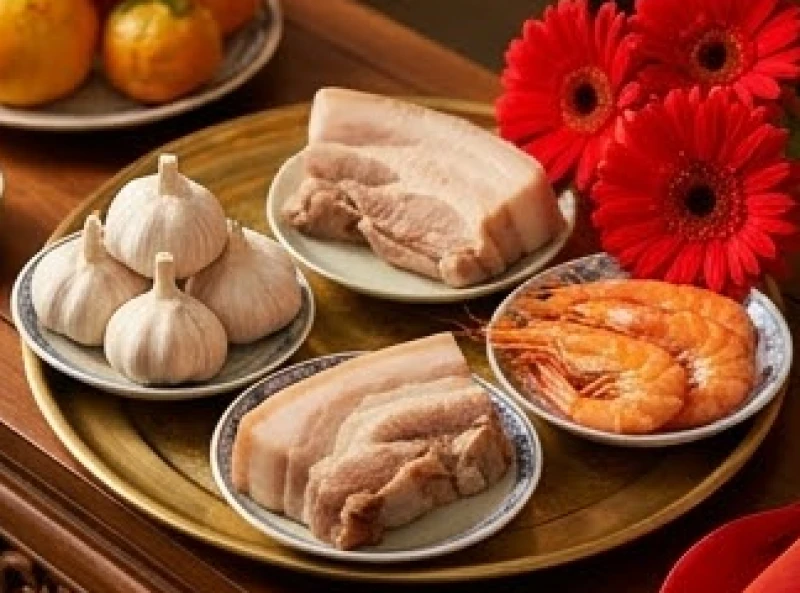 Mâm lễ cúng ban Thần Tài với bộ tam sên đĩa tỏi nguyên củ và hoa đồng tiền rực rỡ