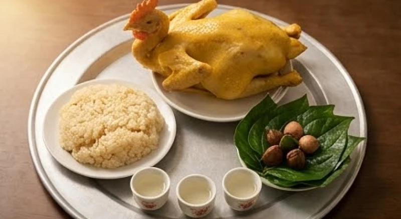 Mâm lễ mặn cúng di dời bàn thờ gồm gà luộc vàng ươm, xôi đậu, rượu trắng và trầu cau tươi