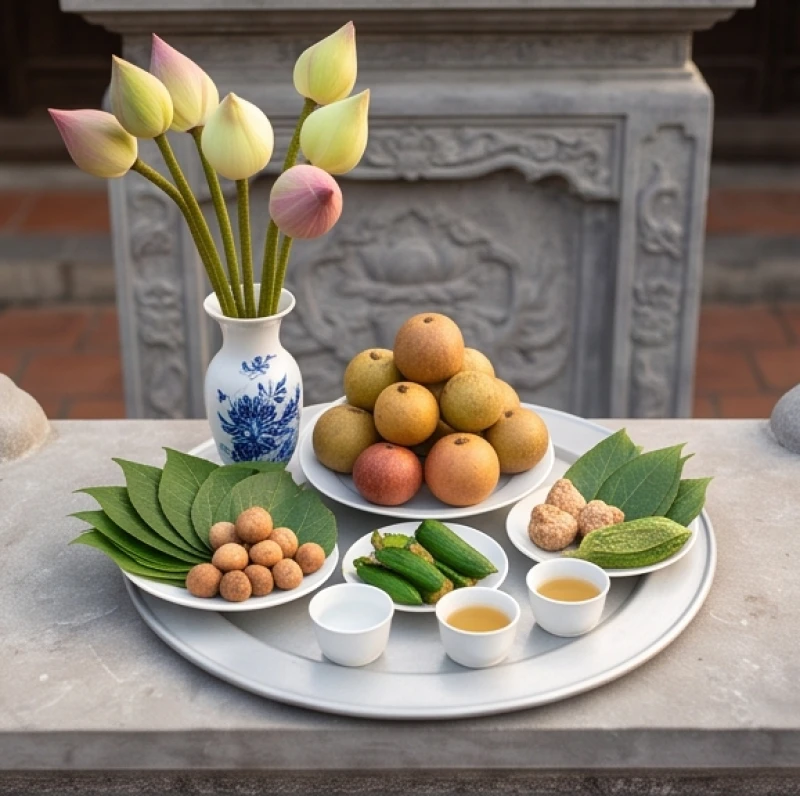 Mâm lễ vật chay tịnh dâng lên bàn thờ Thiên ngoài trời với hương tươi, hoa ngát và trà quả nguyên vẹn