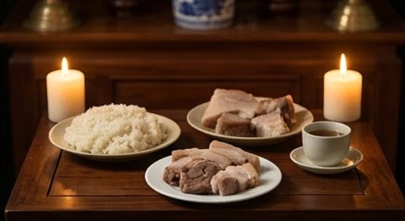 Văn khấn phát tang: Bài cúng Lễ Thành Phục & trình tự hành lễ 2 Mâm cơm cúng giản dị cùng đĩa xôi thịt được đặt trang nghiêm trên bàn thờ vong trong nghi thức lễ Thành Phục