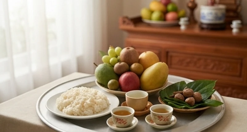 Mâm lễ vật cơ bản gồm xôi trắng, trà, rượu và hoa quả tươi đặt ngay ngắn trước bát nhang gia tiên