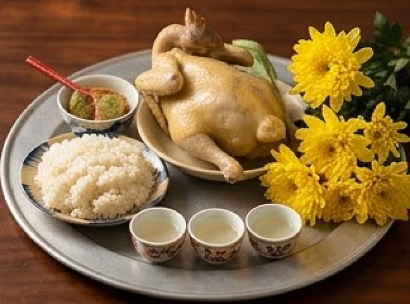 Mâm cúng tươm tất với gà luộc, xôi trắng, hoa tươi và trái cây dâng lên ban Thần linh