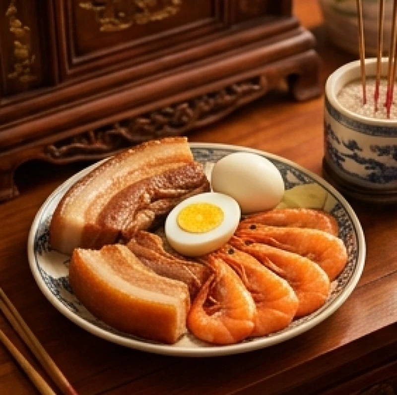Mâm lễ bộ tam sên gồm thịt heo quay, tôm luộc và trứng vịt luộc dâng lên thần linh